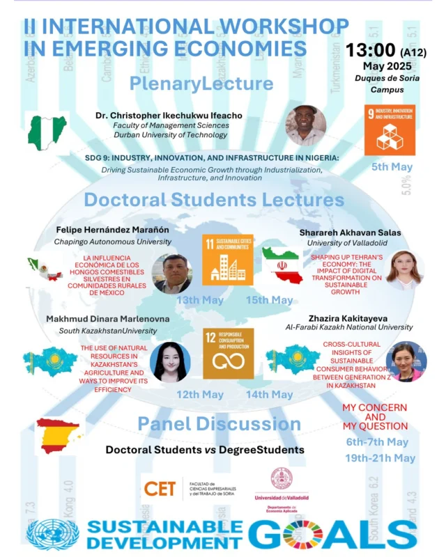 ¡Este mayo, el conocimiento cruza fronteras en Soria!

La Facultad de Ciencias Empresariales y del Trabajo de Soria celebra el II International Workshop in Emerging Economies, con la participación de estudiantes de doctorado y profesorado de universidades de todo el mundo.

Durante el mes de mayo, nuestro campus acoge conferencias y debates centrados en el desarrollo sostenible, la innovación, los recursos naturales y la transformación digital en economías emergentes como Nigeria, México, Irán y Kazajistán.

Destacamos la conferencia plenaria del Dr. Christopher Ikechukwu Ifeacho (Durban University of Technology), el 5 de mayo, sobre el papel de la industria, la innovación y la infraestructura en el crecimiento sostenible de Nigeria (ODS 9).

¡Consulta el programa completo y acompáñanos en este intercambio global de ideas!

#WorkshopEmpresarialesSoria #Internacionalización #Sostenibilidad #ODS #EconomíasEmergentes #UVaSoria
